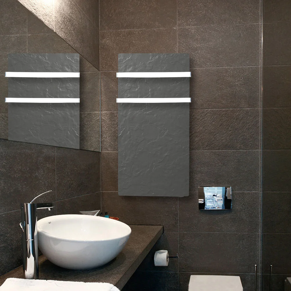 Slate-finish Climastar towel heater in a contemporary bathroom